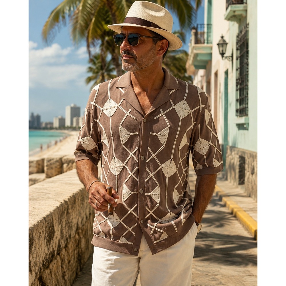 Reiss Terrazzo Geometric Embroidered Knit Shirt XL Brown Retro Cuban Collar